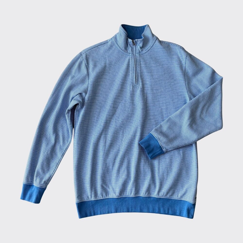 Chaps Men’s Blue Striped 1/4 Zip Pullover Sweater Size L Cotton Blend